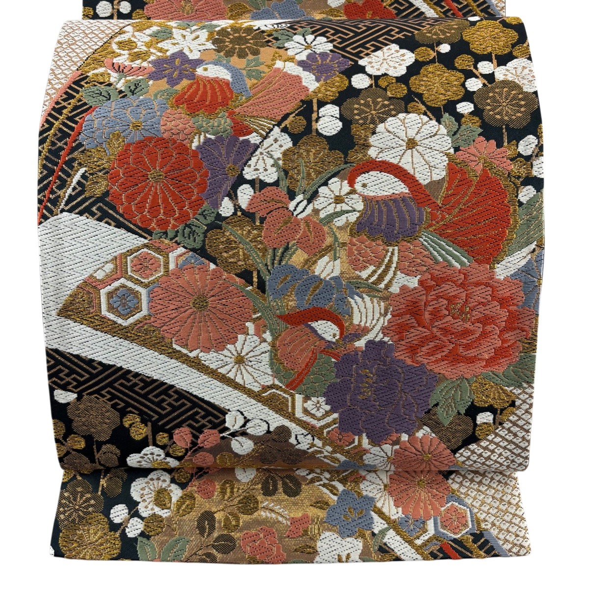 【美品】 袋帯 秀品 鴛鴦 草花 金糸 唐織 黒 六通 正絹 【中古】