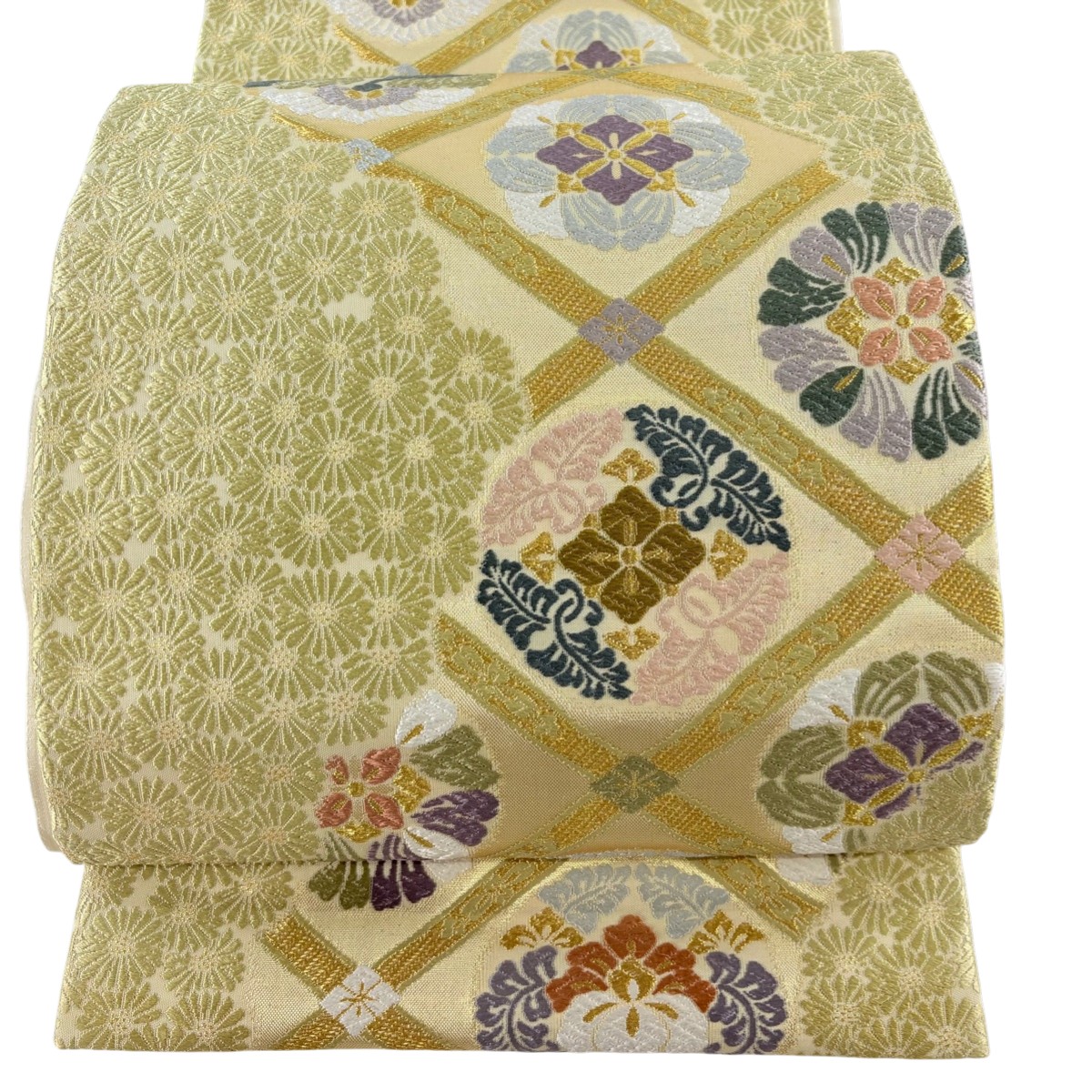 【美品】 袋帯 名品 華文 菊 金糸 刺繍 灰緑 六通 正絹 【中古】 msp50