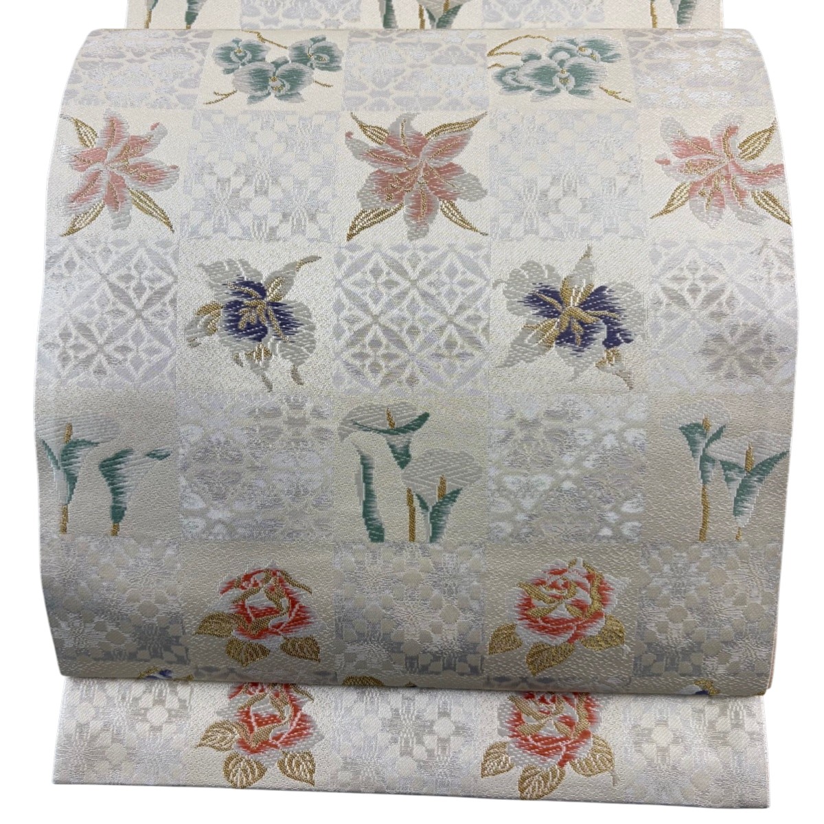 【美品】 袋帯 名品 伝統工芸士 染の匠美 草花 市松 金糸 唐織 ベージュ 六通 正絹 【中古】