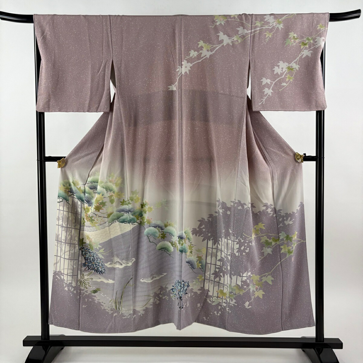 訪問着 身丈151.5cm 裄丈67.5cm L 袷 落款あり 楓 松 金糸 ぼかし 灰紫 正絹 名品 【中古】