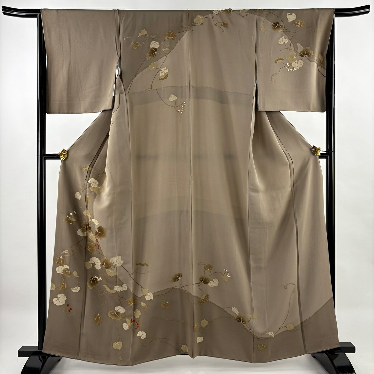 訪問着 身丈162cm 裄丈66cm M 袷 葡萄 刺繍 金彩 灰茶 正絹 秀品 【中古】