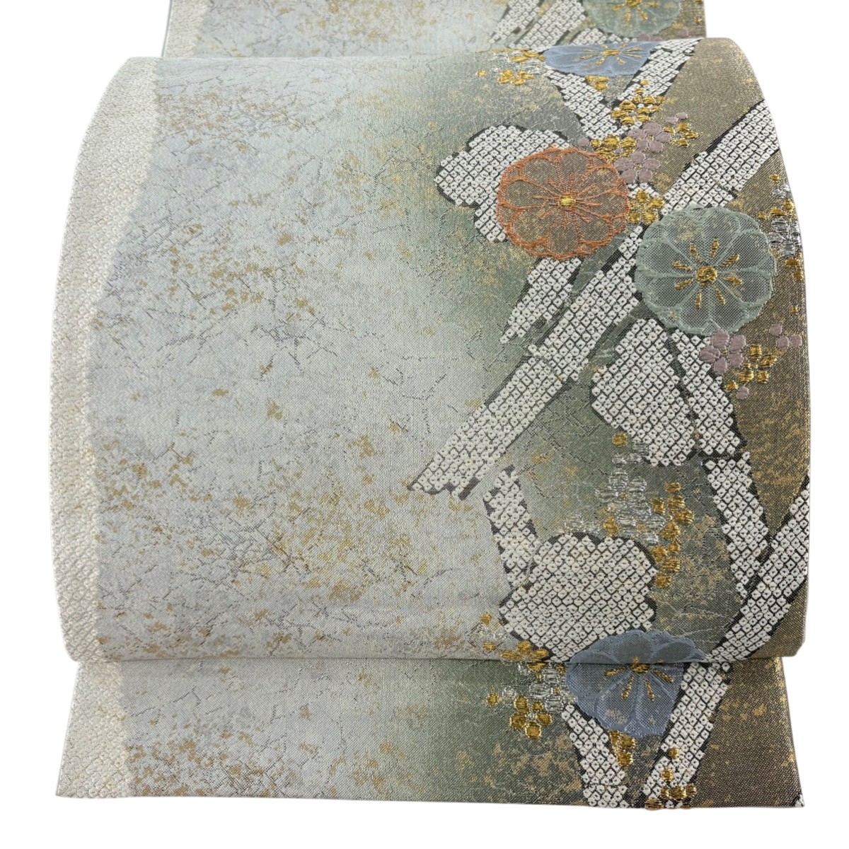 袋帯 秀品 菊 梅 金銀糸 箔 銀色 六通 正絹 【中古】