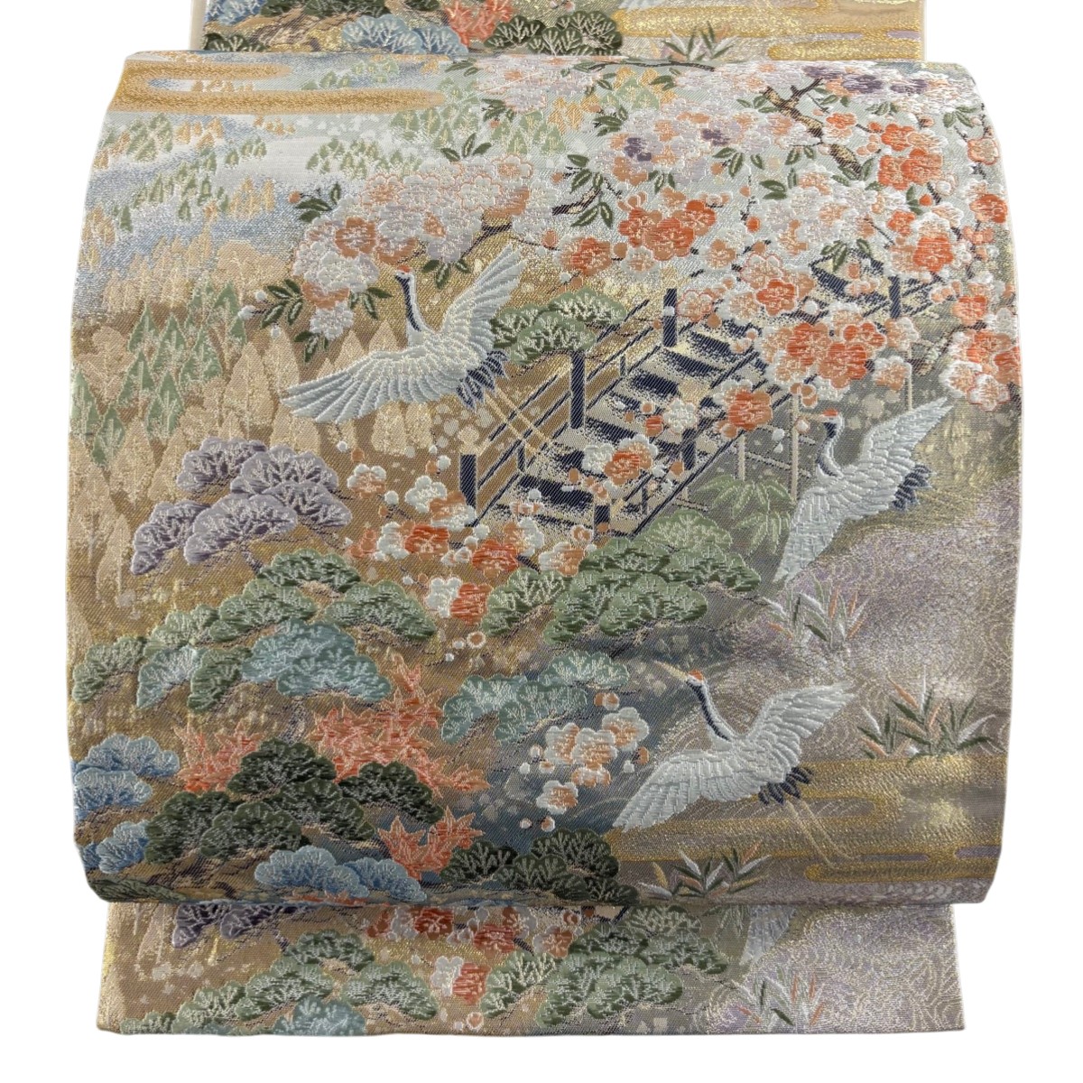 袋帯 秀品 松竹梅 鶴 金糸 箔 青灰色 六通 正絹 【中古】