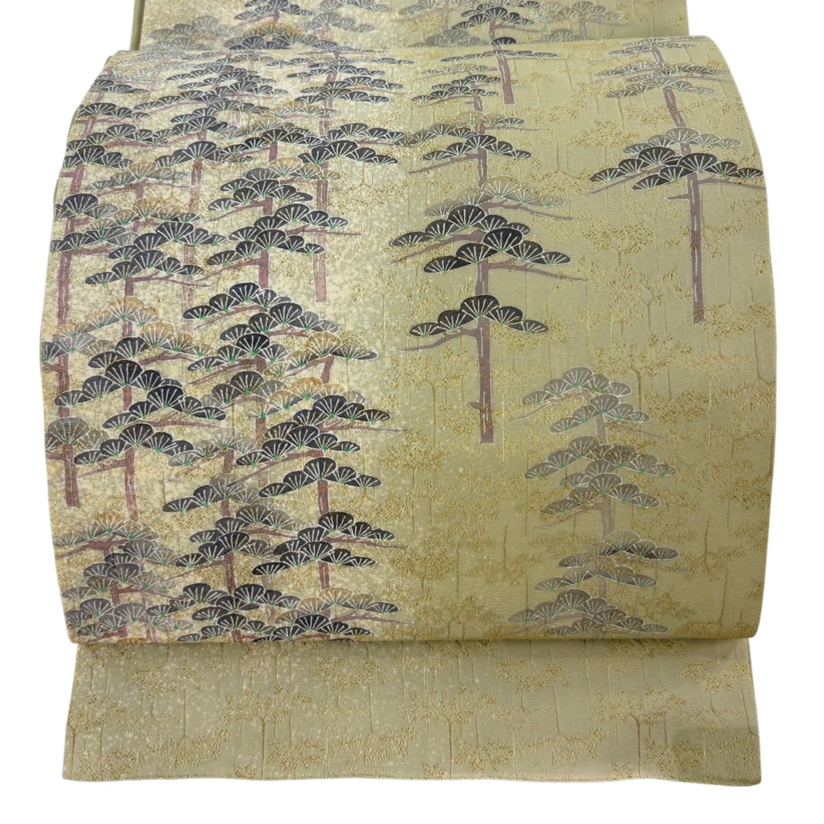 袋帯 名品 落款あり 松 ぼかし 金糸 灰緑 お太鼓柄 正絹 【中古】