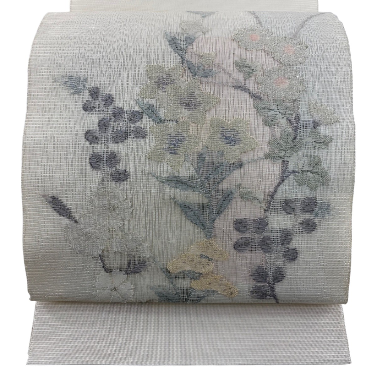 袋帯 名品 夏帯 絽 秋草 桔梗 金銀糸 クリーム お太鼓柄 正絹 【中古】