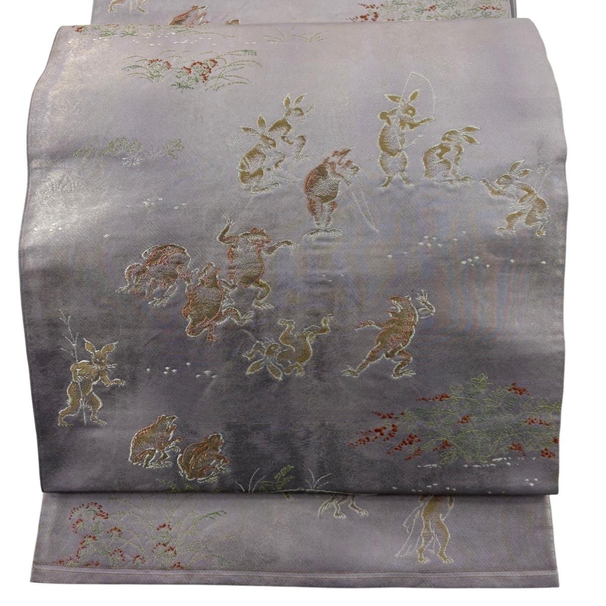 袋帯 名品 関西仕立て 鳥獣戯画 箔 金糸 薄紫 お太鼓柄 正絹 【中古】