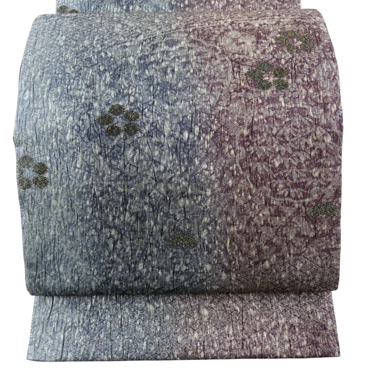 【美品】 袋帯 名品 落款あり 野村一峰 黄櫨染 雪輪 松竹梅 箔 青灰色 全通 正絹 【中古】 msp50