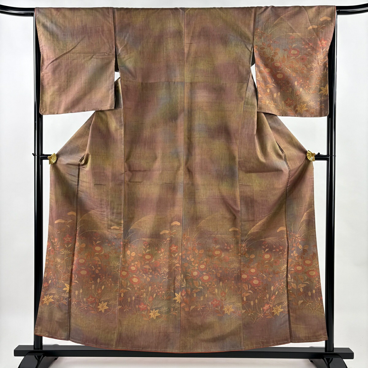 【美品】 付下げ 身丈158cm 裄丈67cm M 袷 紬地 秋草 ススキ 茶紫 正絹 秀品 【中古】