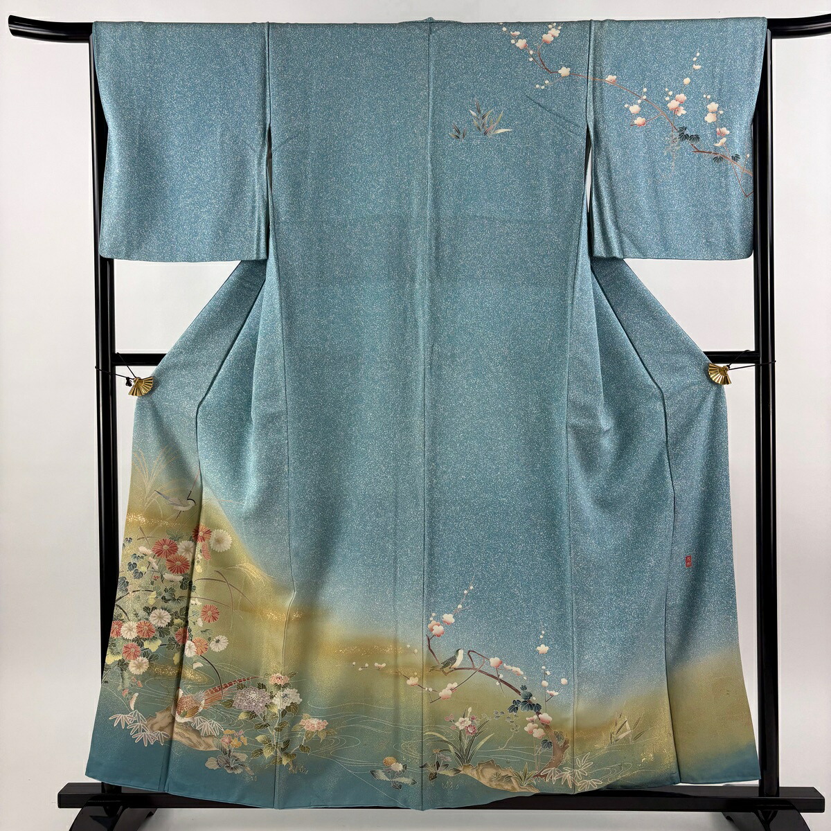 訪問着 身丈158cm 裄丈66cm M 袷 落款あり 鳥 菊 金糸 金彩 水色 正絹 秀品 【中古】