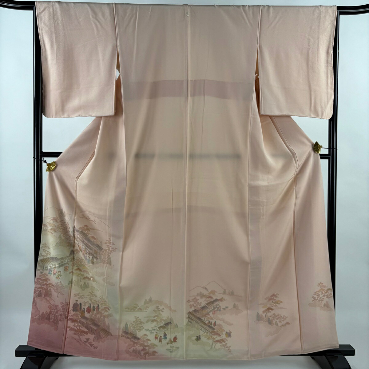 色留袖 身丈162cm 裄丈65.5cm M 袷 室町絵巻 人物 刺繍 箔 薄ピンク 正絹 秀品 一つ紋 【中古】 5,304円