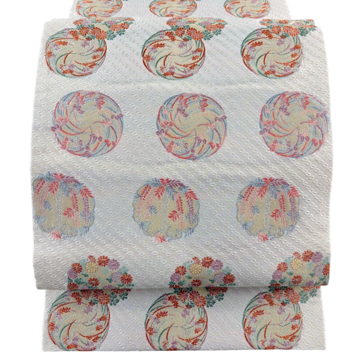 【美品】 袋帯 秀品 花丸文 菊 箔 唐織 クリーム 六通 正絹 【中古】