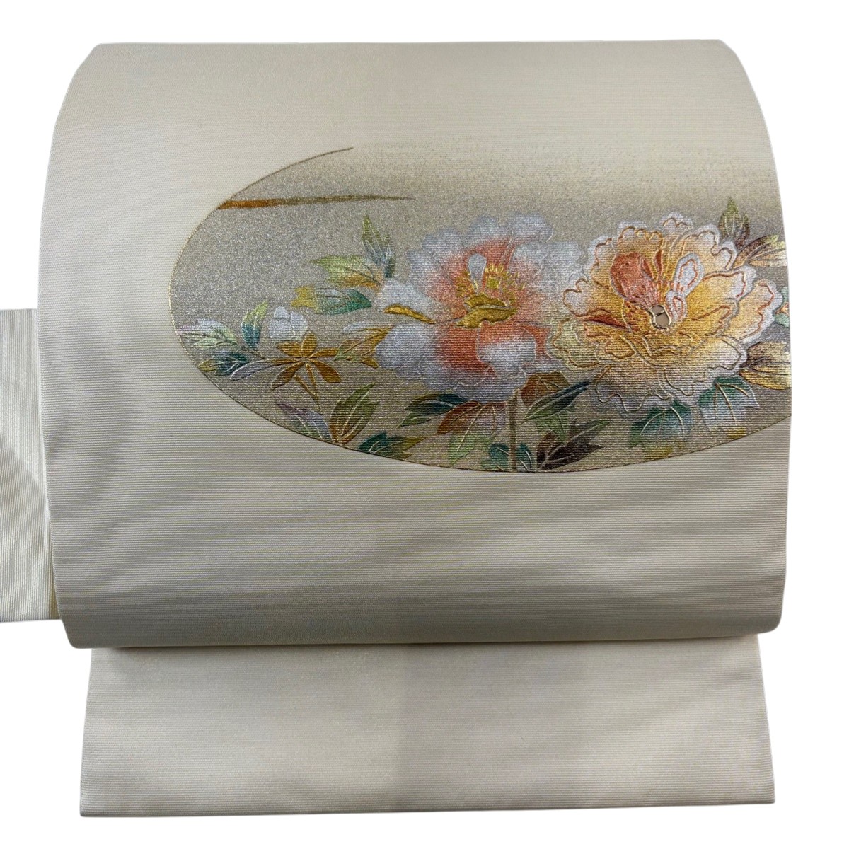 名古屋帯 秀品 草花 螺鈿 金銀彩 薄黄 正絹 【中古】