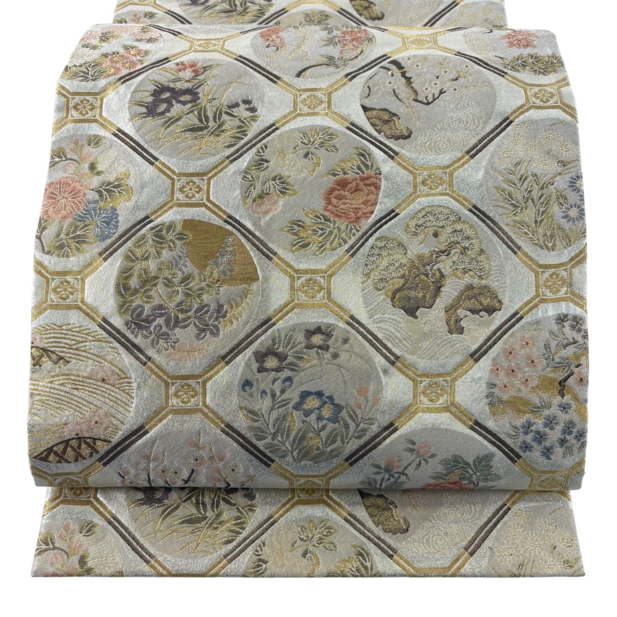 【美品】 袋帯 秀品 蜀江文 松梅 金糸 箔 銀色 六通 正絹 【中古】