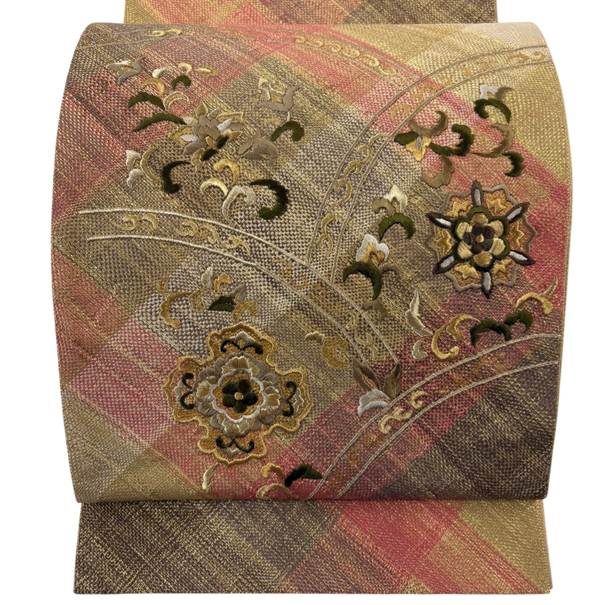 【美品】 袋帯 秀品 華文 花唐草 金糸 刺繍 薄黄土色 お太鼓柄 正絹 【中古】