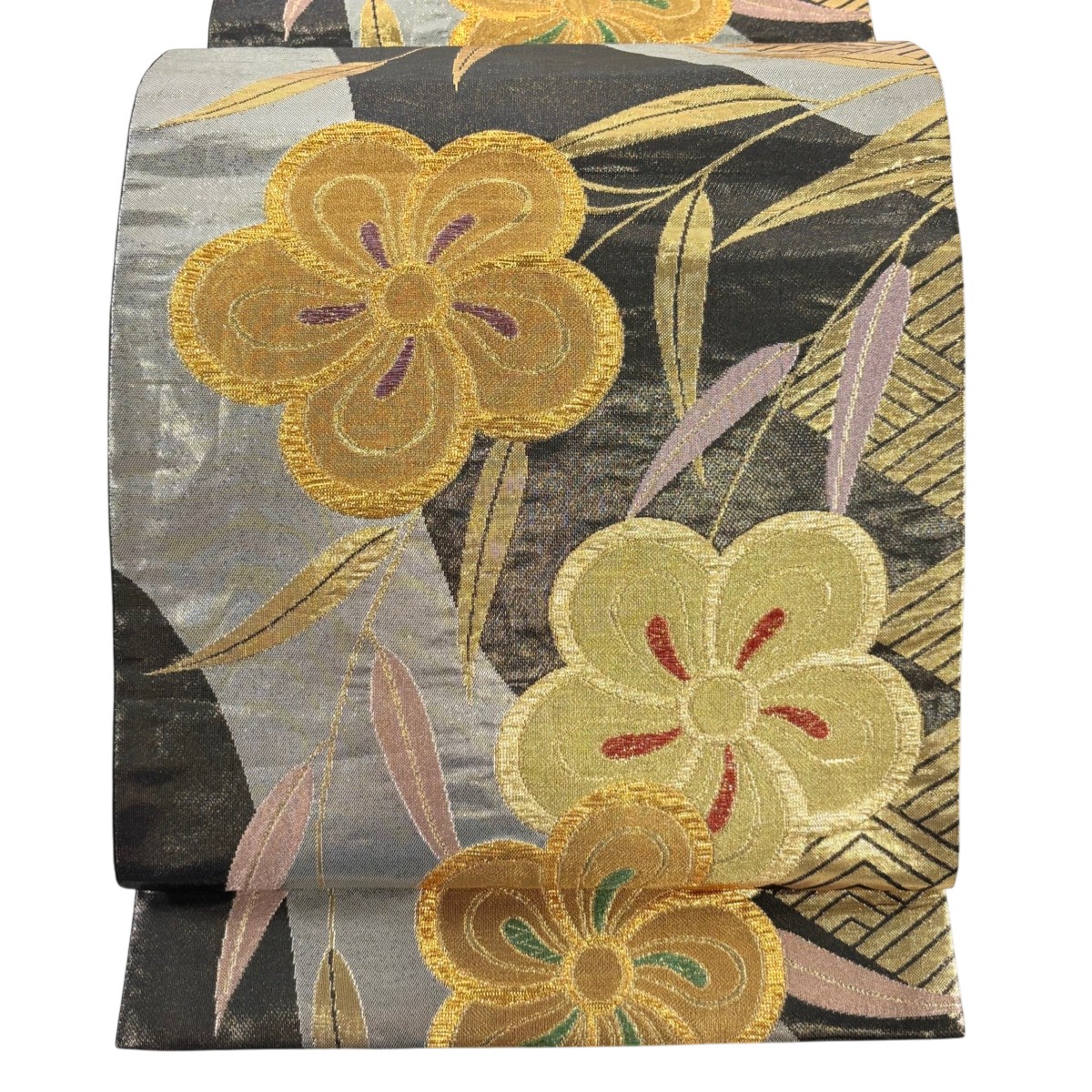 【美品】 袋帯 秀品 梅 幾何学模様 金糸 箔 黒 六通 正絹 【中古】