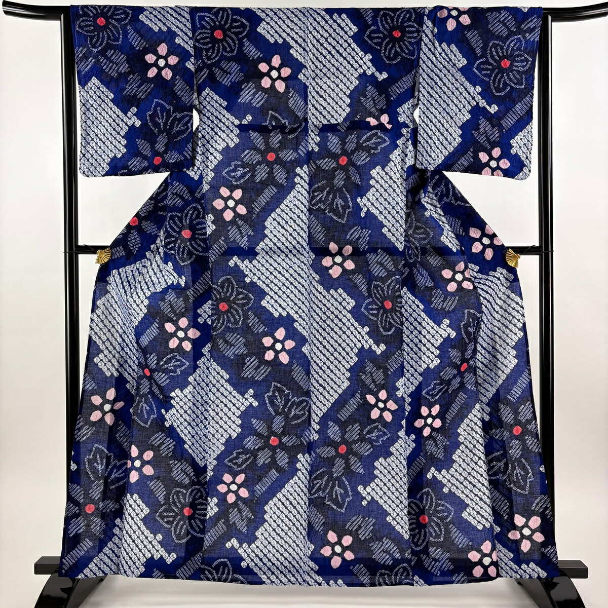 浴衣 身丈162cm 裄丈63cm S 絞り浴衣 草花 青 綿 名品 【中古】