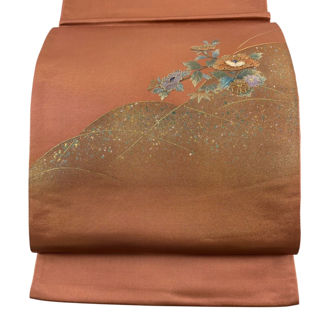 袋帯 名品 草花 芝 螺鈿 金彩 オレンジ お太鼓柄 正絹 【中古】