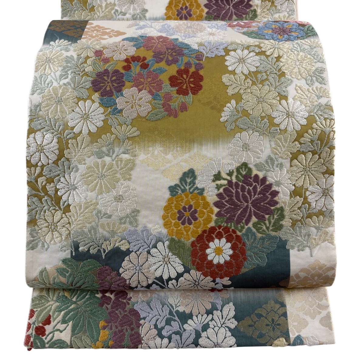 袋帯 名品 花丸文 菊 唐織 箔 クリーム 六通 正絹 【中古】