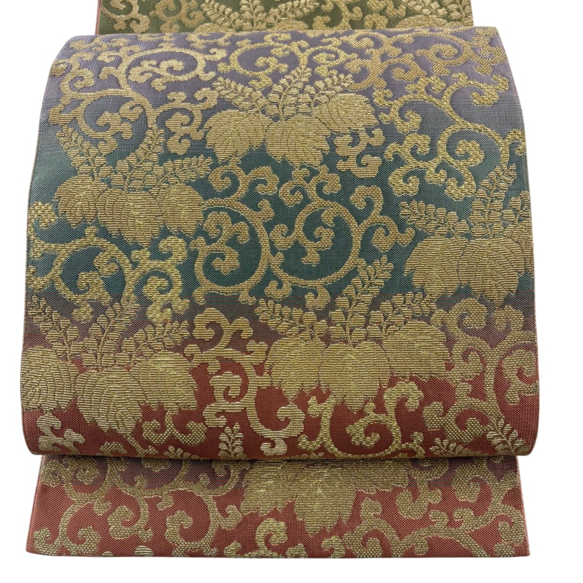 袋帯 名品 能衣桐唐草文様 輪奈織 箔 金茶 全通 正絹 【中古】