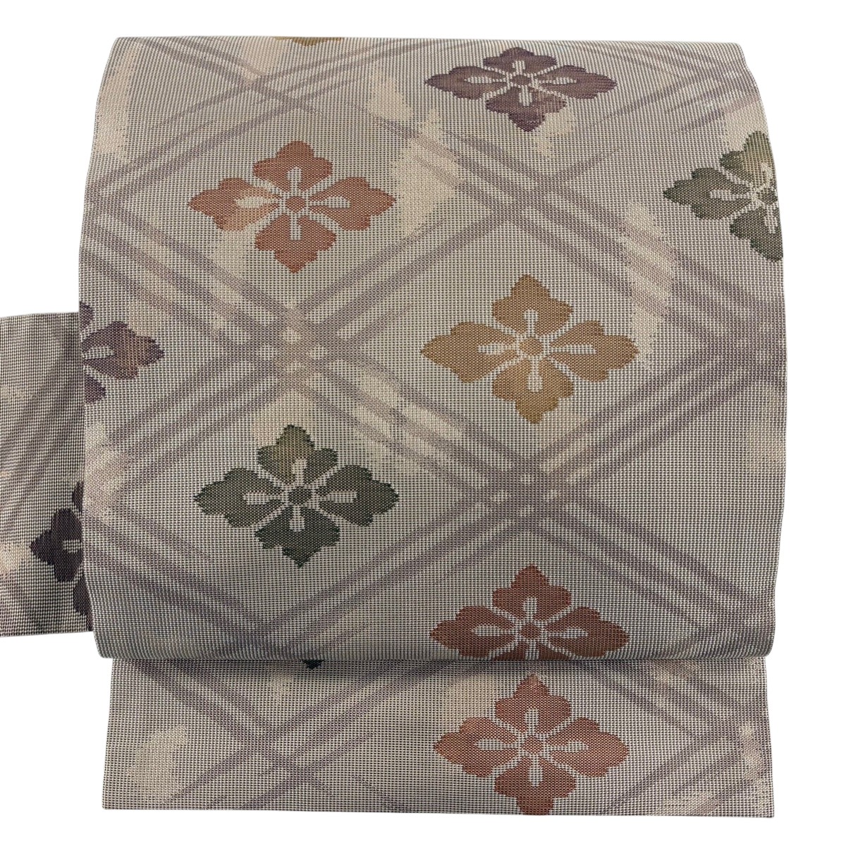 【美品】 名古屋帯 逸品 花菱 斜め格子 箔 ピンクベージュ 正絹 【中古】