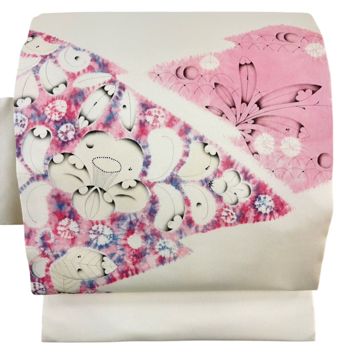 名古屋帯 逸品 福村廣利 落款あり 辻が花 クリーム 正絹 【中古】