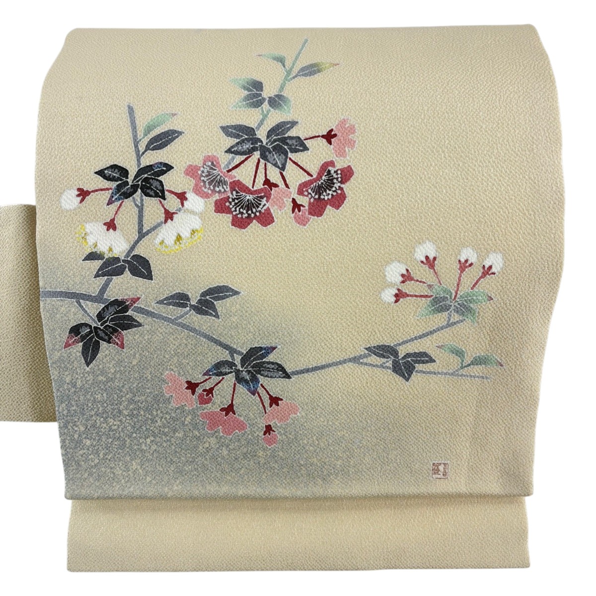 名古屋帯 逸品 羽田登喜 落款あり 枝桜 縮緬 ベージュ 正絹 【中古】 msp30