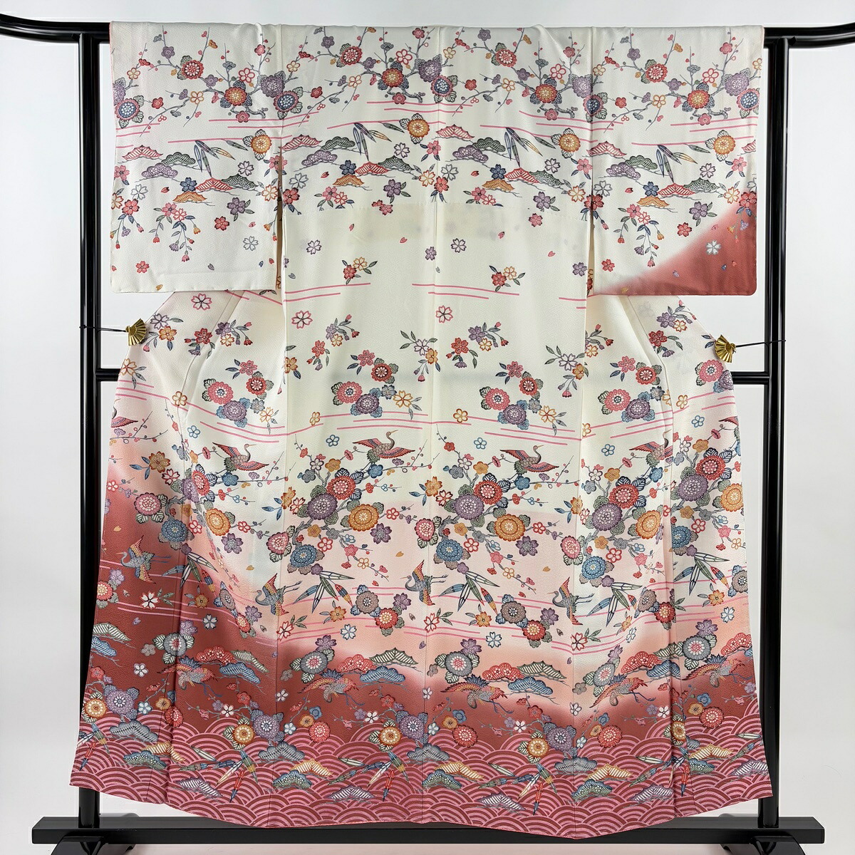 【美品】 訪問着 身丈155.5cm 裄丈62cm S 袷 松竹梅 鶴 ぼかし クリーム 正絹 秀品 【中古】 msp50