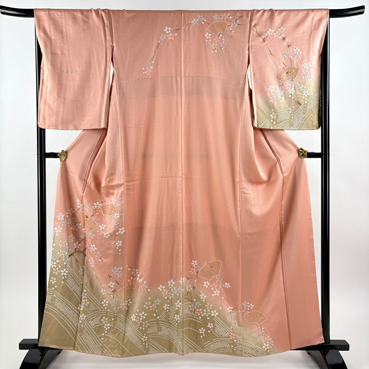 訪問着 身丈161cm 裄丈67.5cm L 袷 枝梅 扇面 絞り 金糸 ピンク 正絹 秀品 【中古】
