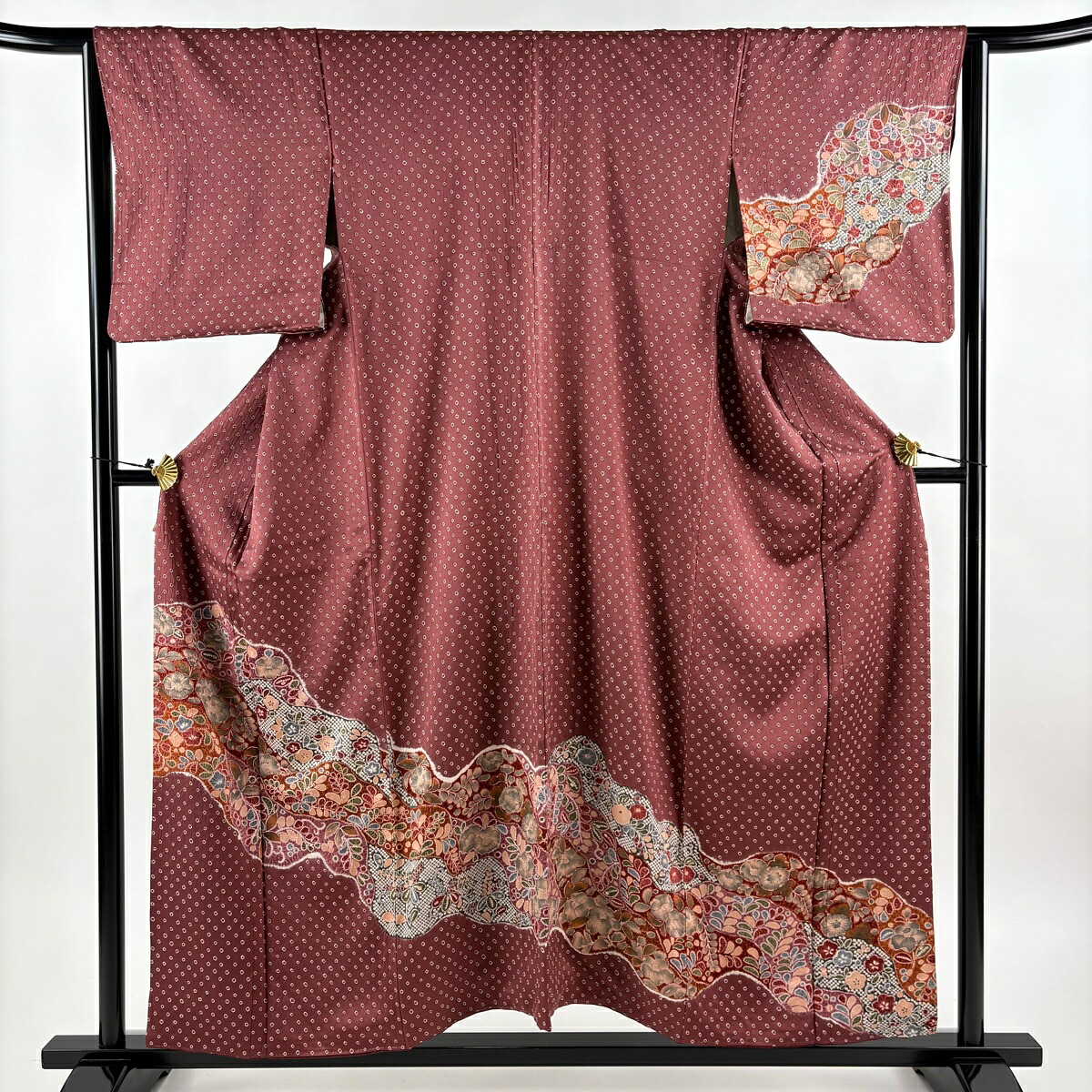 訪問着 身丈157cm 裄丈64cm M 袷 草花 道長 絞り 小豆色 正絹 秀品 【中古】