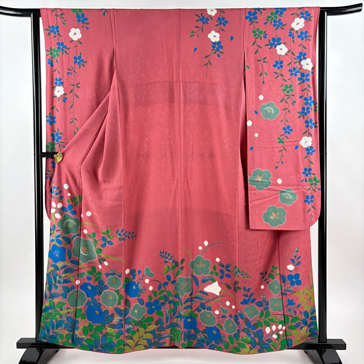 振袖 身丈158cm 裄丈63cm S 袷 草花 地紋 金彩 ピンク 正絹 秀品 【中古】