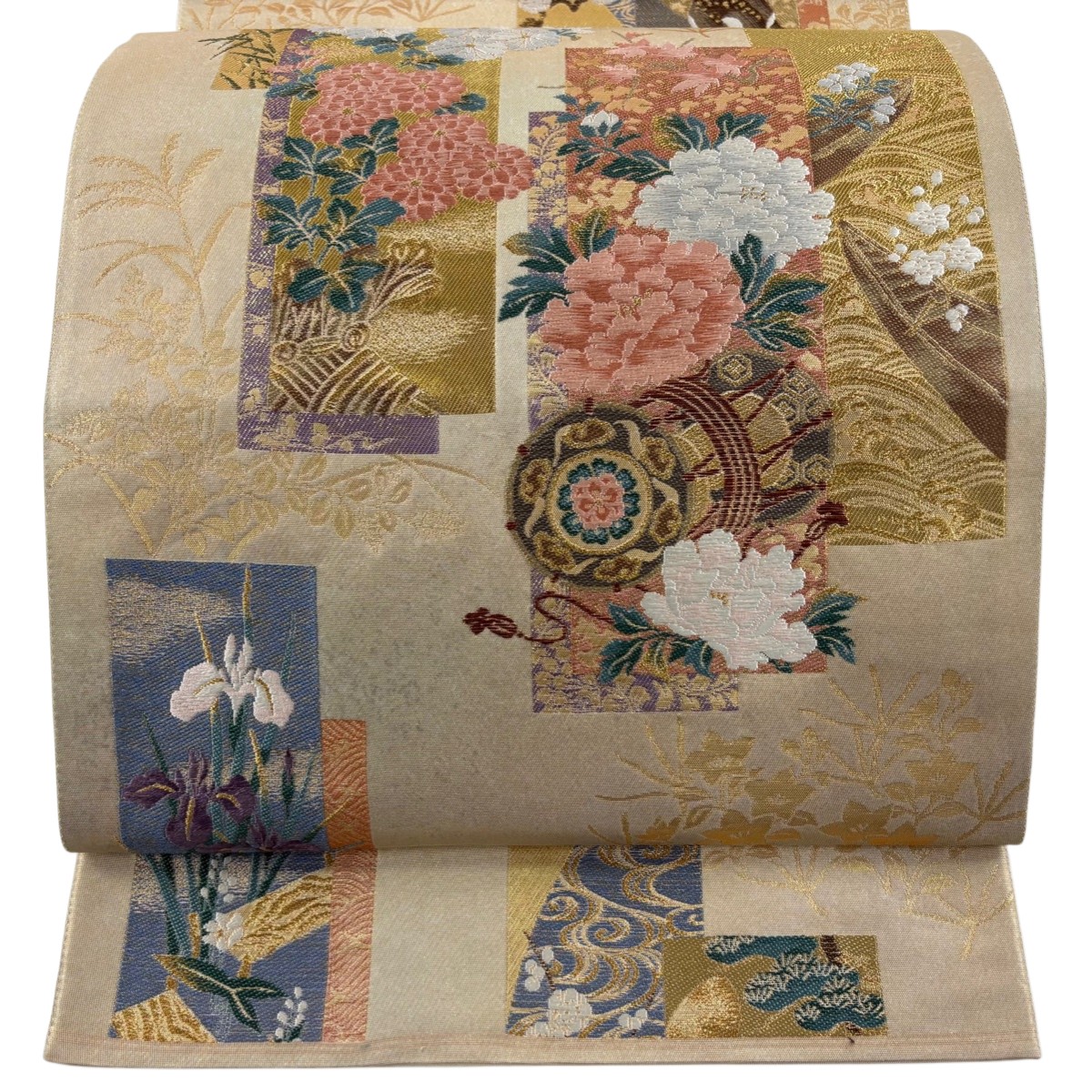 袋帯 秀品 落款あり 鼓 花鳥 金糸 箔 金色 お太鼓柄 正絹 【中古】