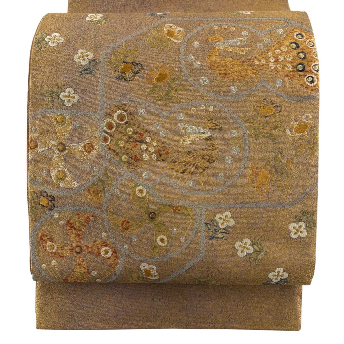 【美品】 袋帯 秀品 孔雀 草花 金銀糸 箔 金茶 お太鼓柄 正絹 【中古】