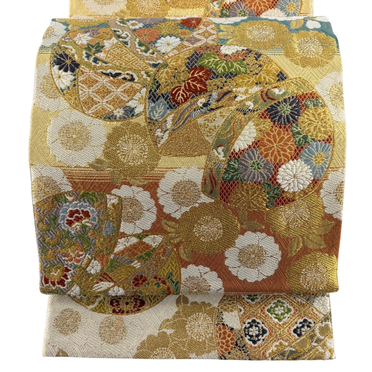 【美品】 袋帯 秀品 桜 菊 金糸 箔 金色 六通 正絹 【中古】