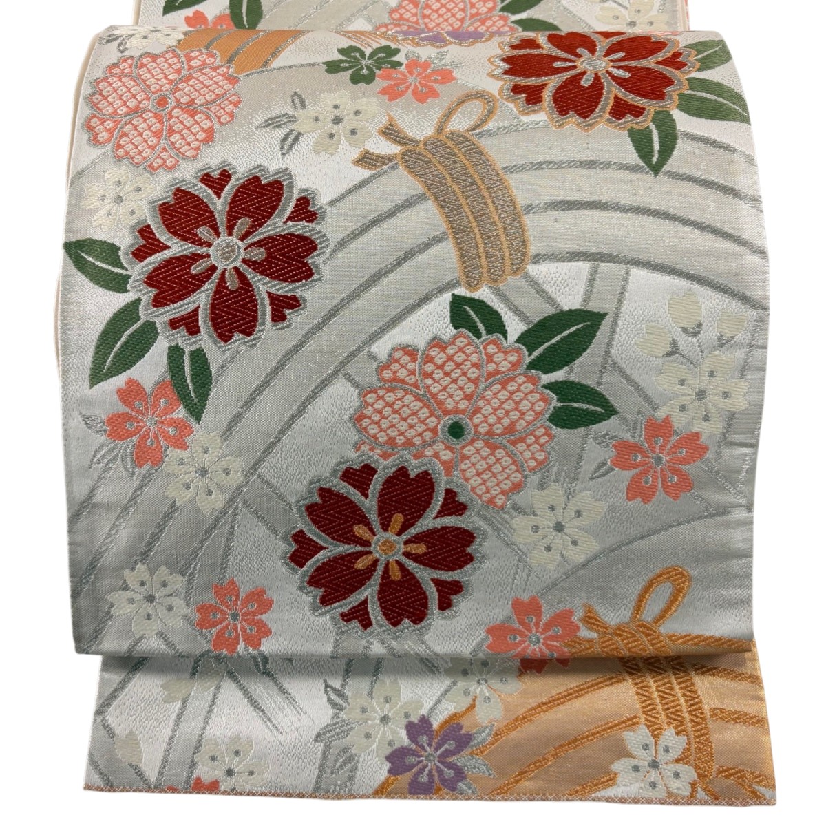 袋帯 秀品 桜 光悦垣 金銀糸 箔 白 六通 正絹 【中古】