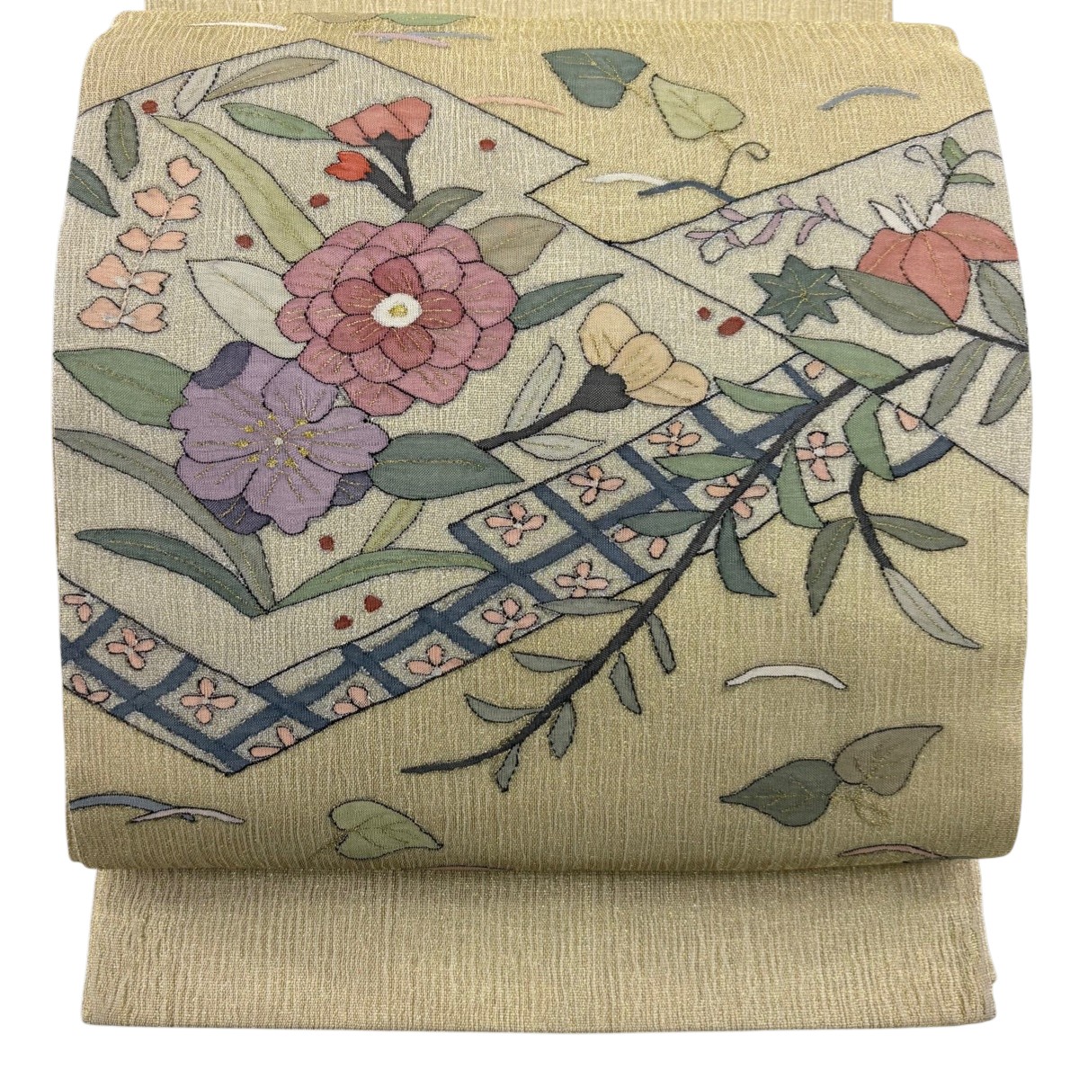 袋帯 秀品 夏帯 草花 松皮菱 金銀糸 金色 お太鼓柄 正絹 【中古】 msp50