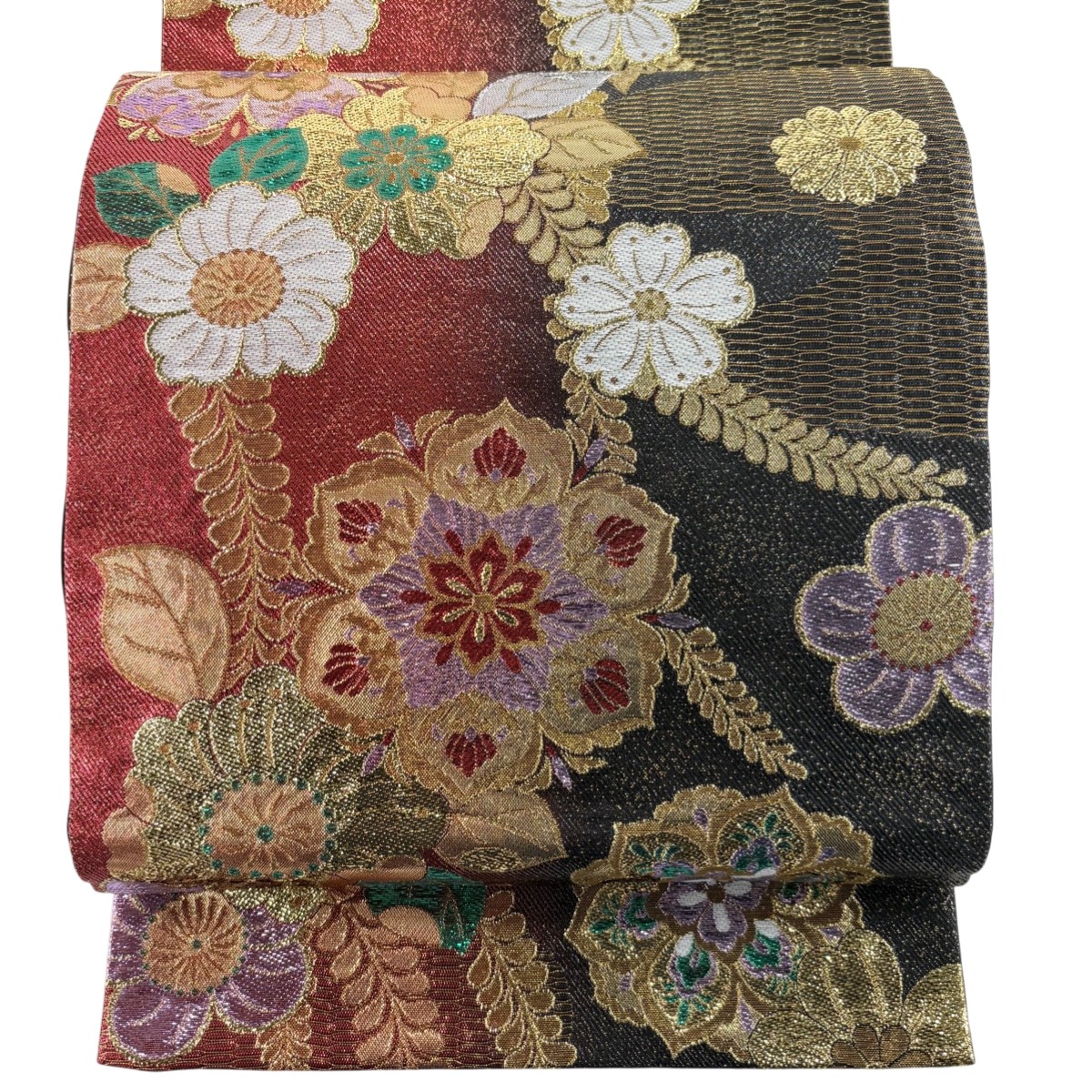 【美品】 袋帯 秀品 草花 金糸 ラメ箔 黒 六通 正絹 【中古】