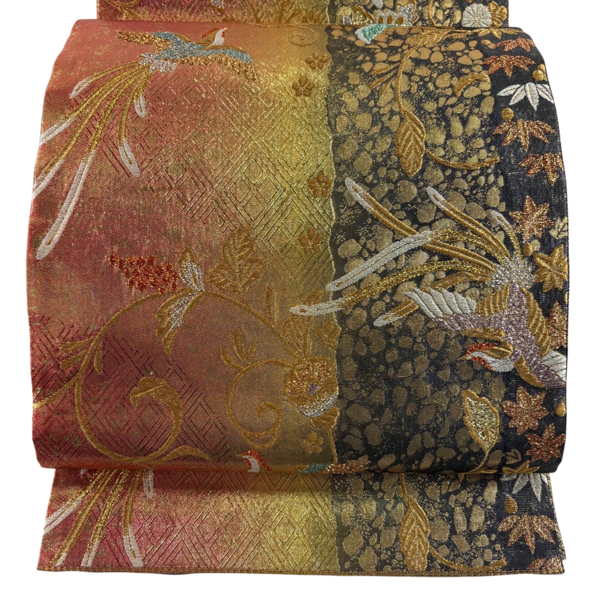 【美品】 袋帯 秀品 鳥 花唐草 金糸 箔 金色 六通 正絹 【中古】