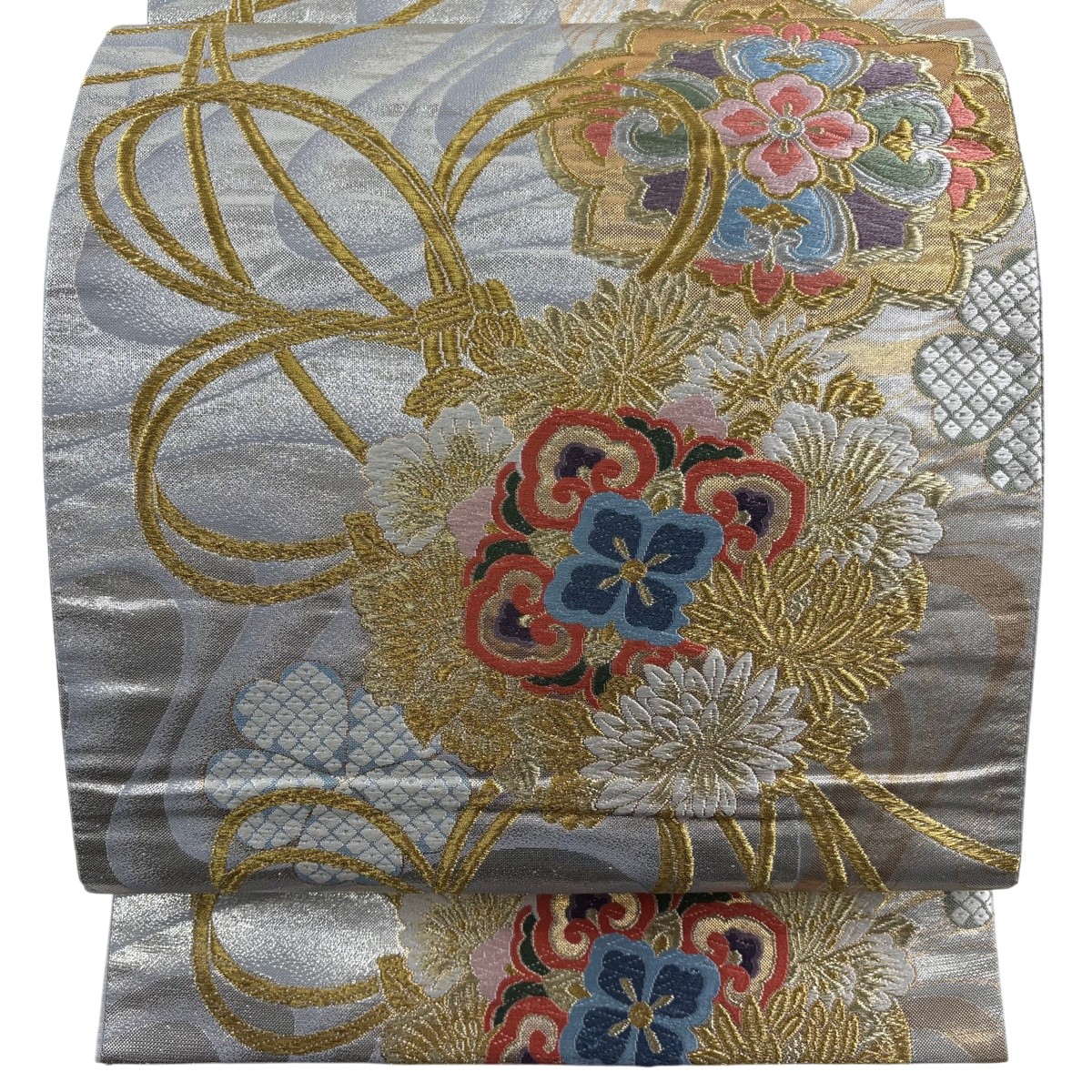 【美品】 袋帯 秀品 華文 組紐 唐織 金銀糸 銀色 六通 正絹 【中古】