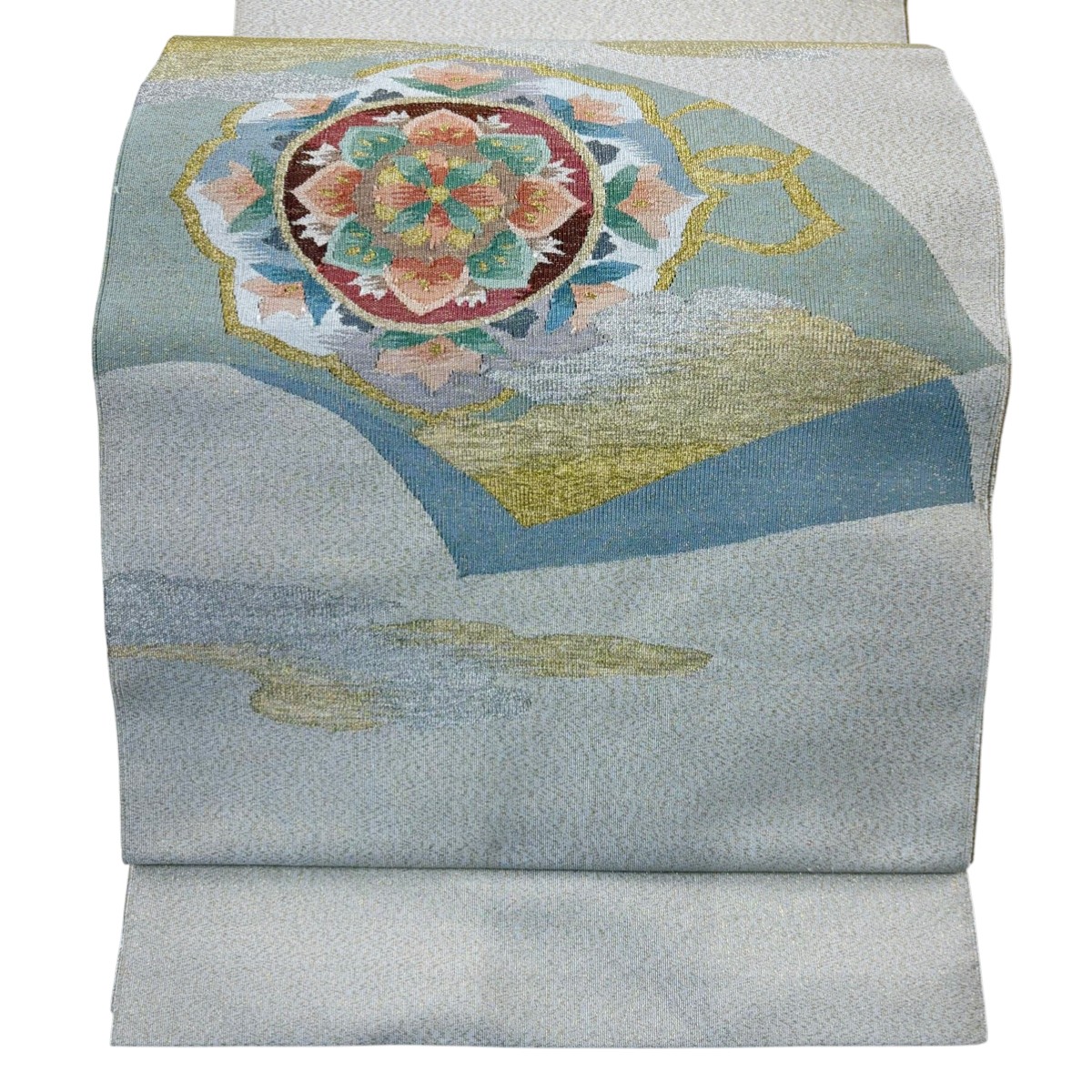【美品】 名古屋帯 秀品 綴れ 八寸名古屋帯 トンネル仕立て 華文 霞 箔 金銀糸 クリーム 正絹 【中古】 msp50
