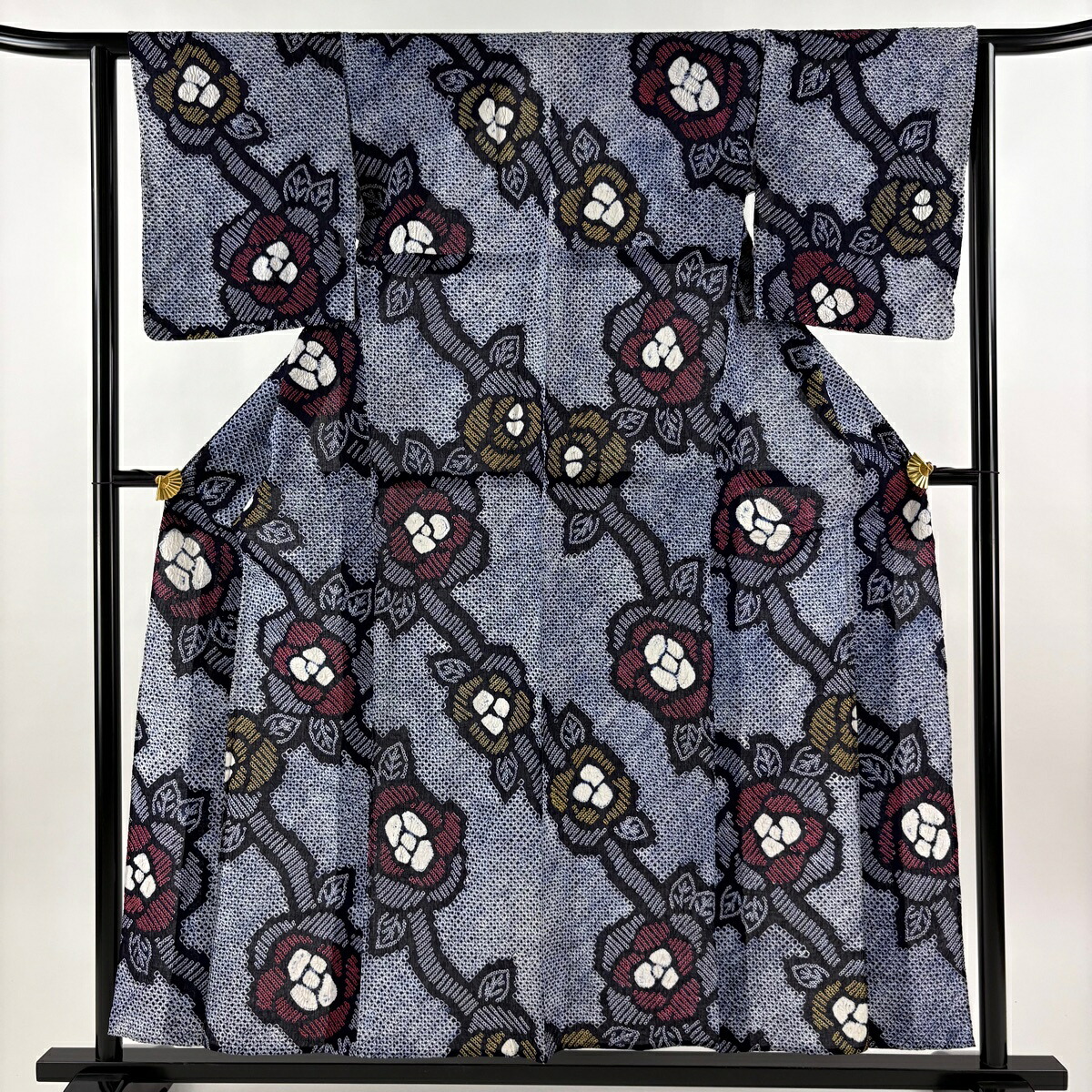 【美品】 浴衣 身丈155cm 裄丈61cm S 絞り浴衣 花 紺色 綿 名品 【中古】