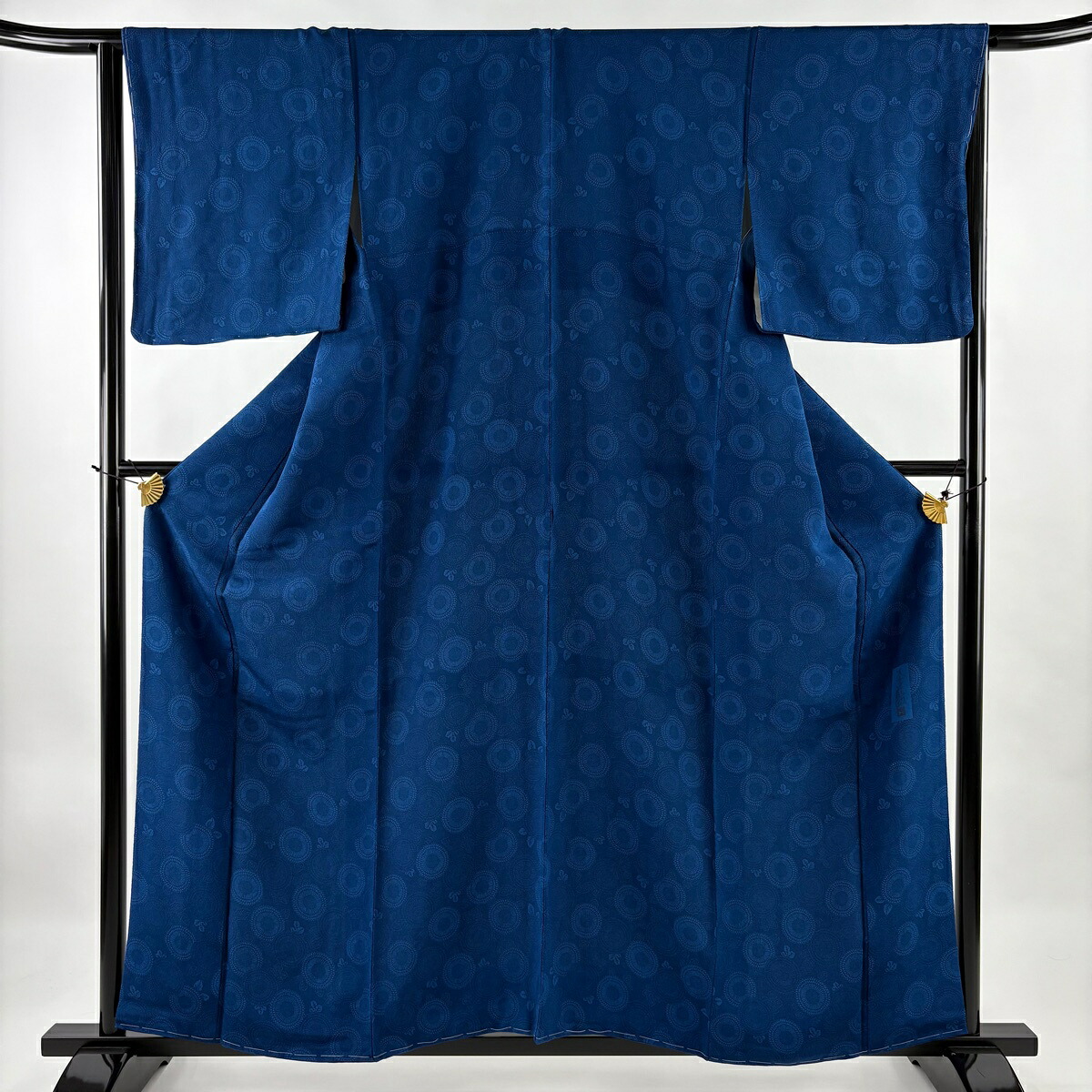 小紋 身丈159.5cm 裄丈65.5cm M 袷 本藍染 落款あり 菊 藍色 正絹 名品 【中古】