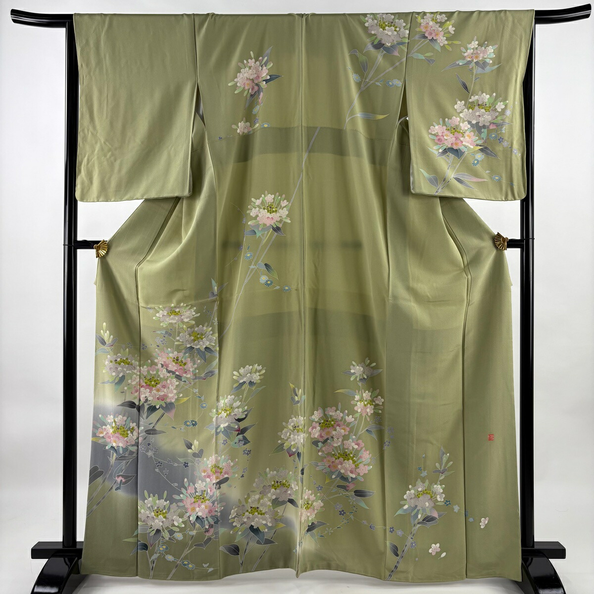 訪問着 身丈166cm 裄丈65.5cm M 袷 落款あり 紫陽花 染め分け ぼかし 鶯色 正絹 名品 【中古】