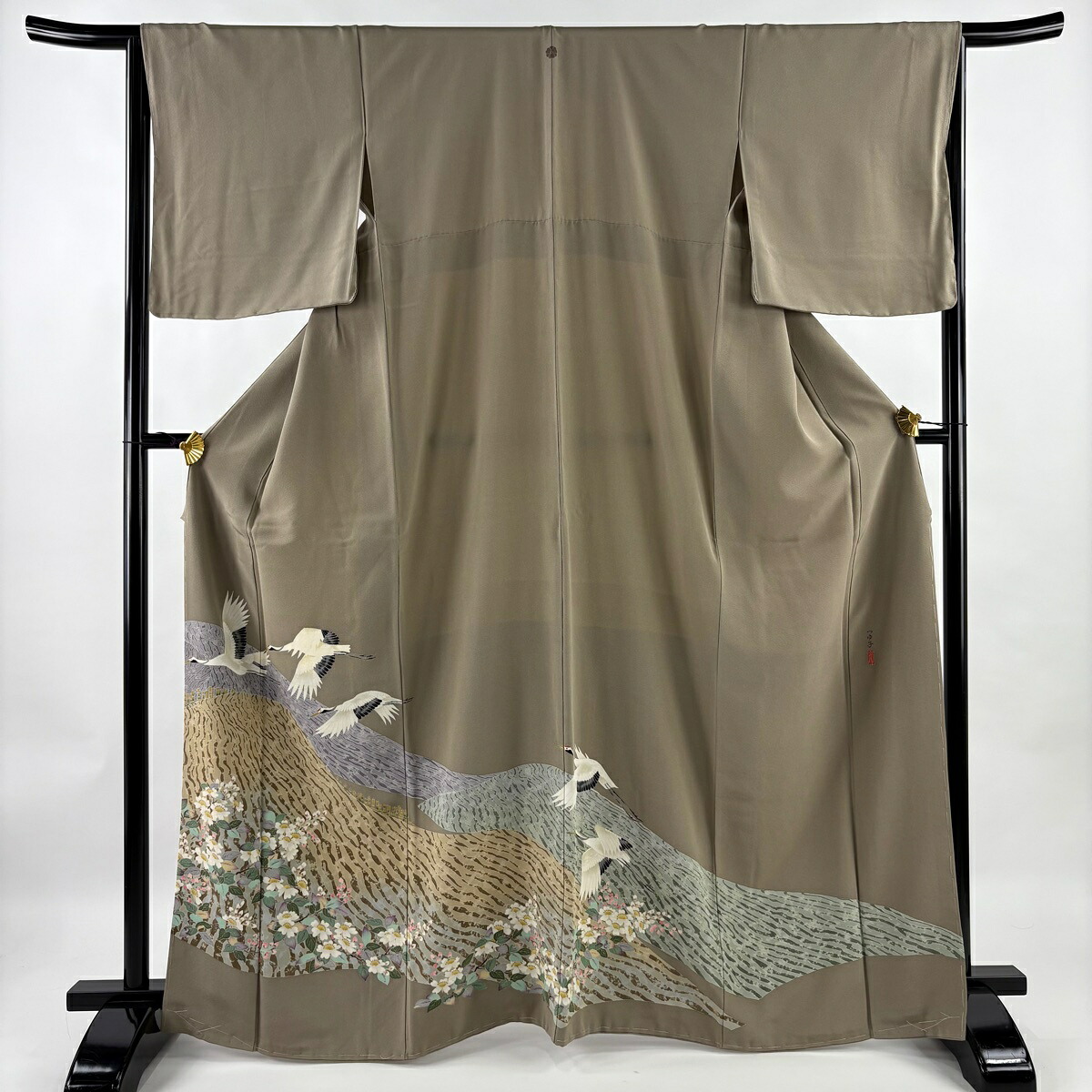 【美品】 色留袖 身丈167cm 裄丈64.5cm M 袷 柿本市郎 落款あり 鶴 草花 灰茶 正絹 名品 一つ紋 【中古】