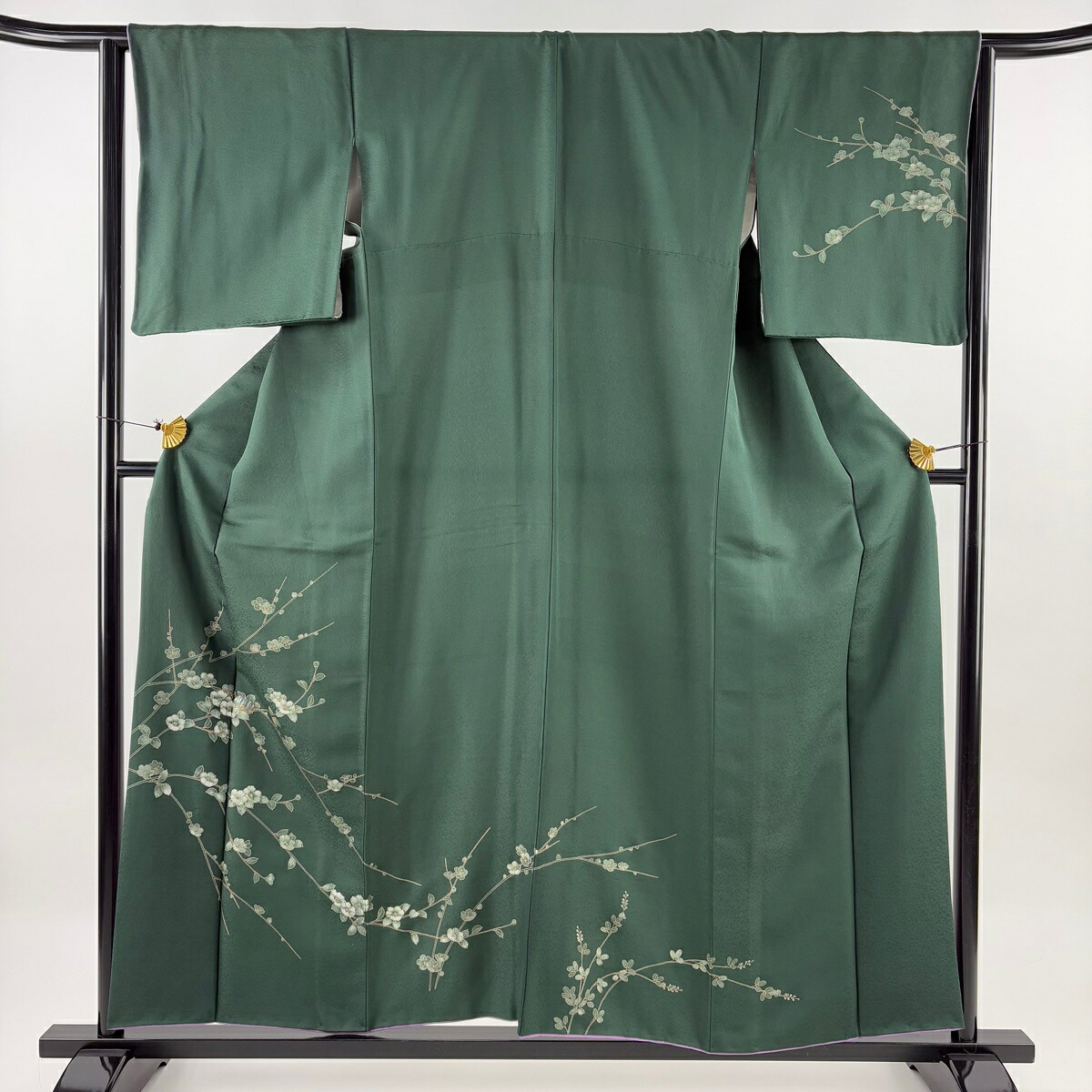 訪問着 身丈157.5cm 裄丈64cm M 袷 枝梅 桜 金彩 螺鈿 深緑 正絹 名品 【中古】