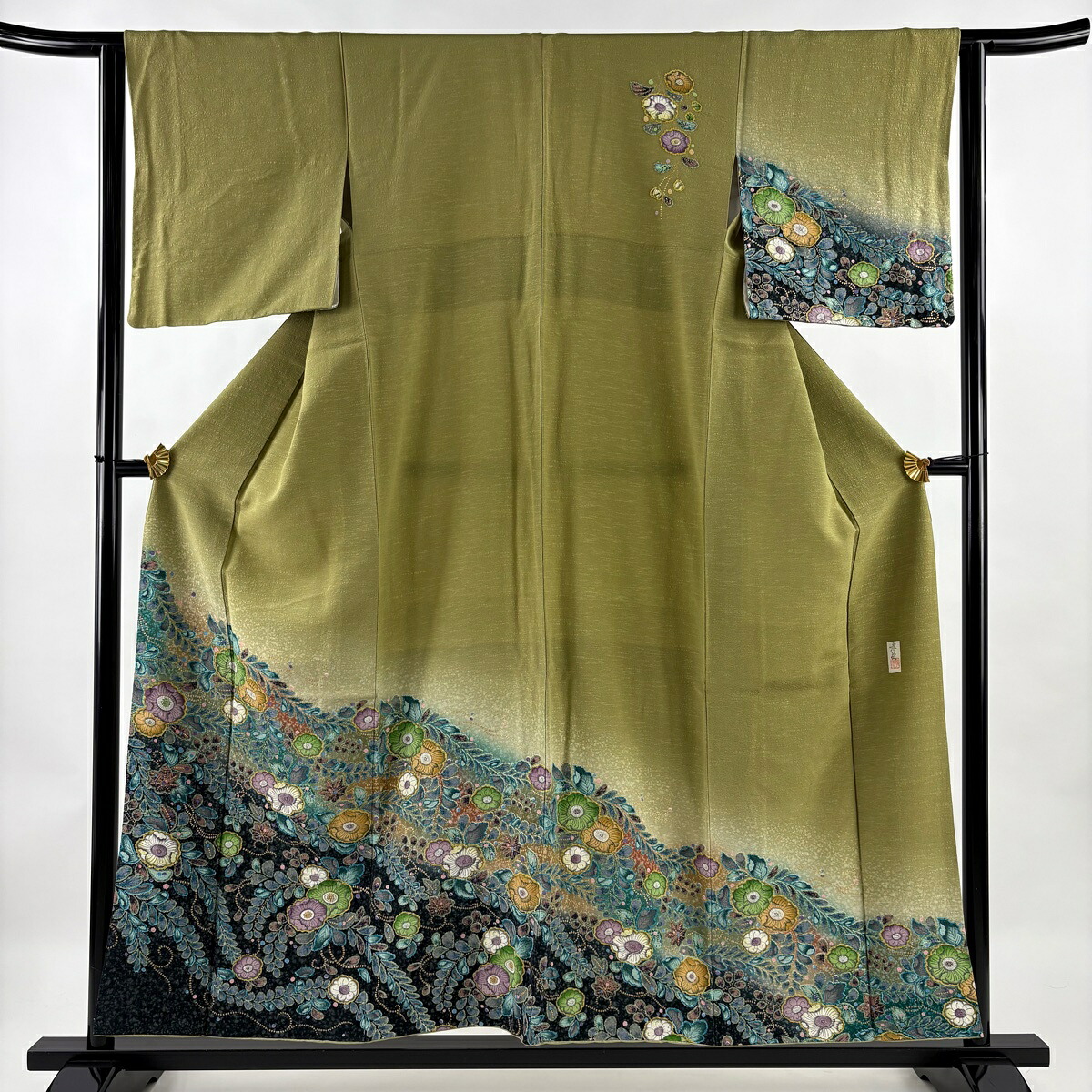 訪問着 身丈156cm 裄丈61cm S 袷 落款あり 辻ヶ花柄 金彩 染め分け 抹茶色 正絹 名品 【中古】