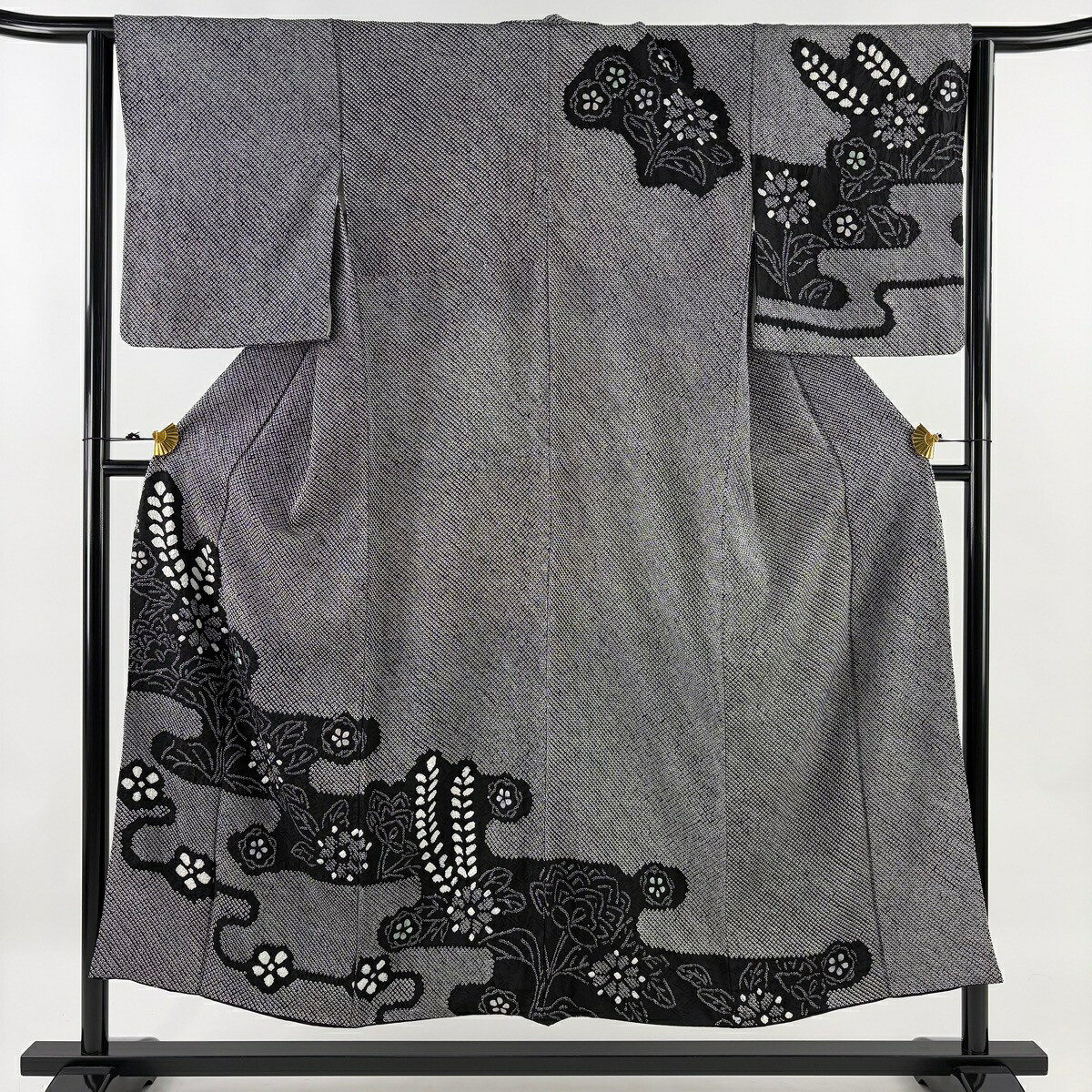 訪問着 身丈151.5cm 裄丈64cm M 袷 ヱ霞 草花 刺繍 総絞り 黒 正絹 名品 【中古】