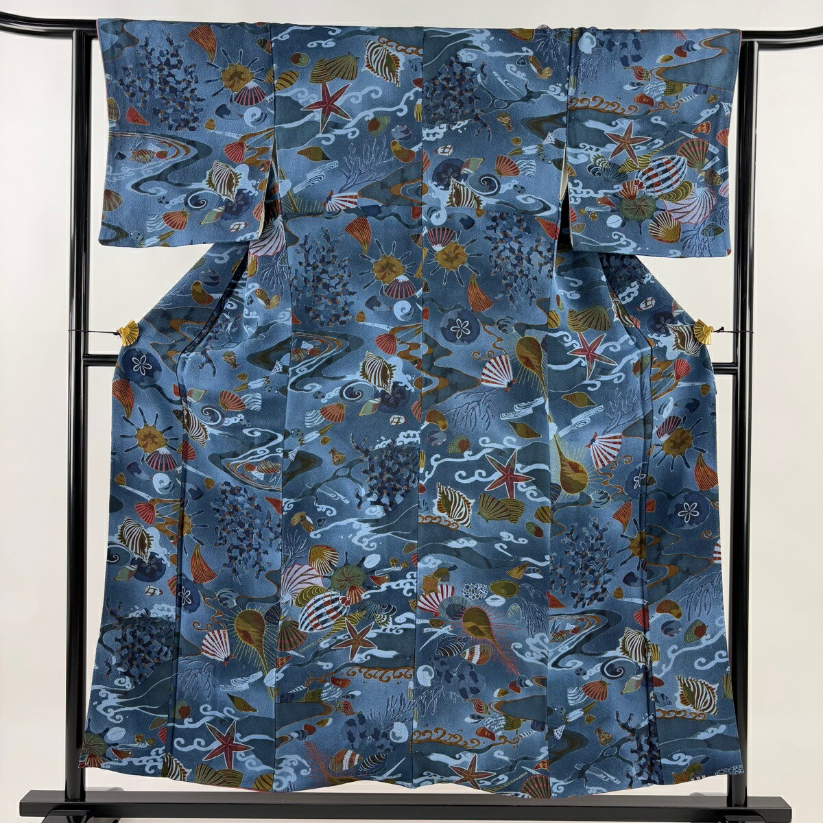 小紋 身丈154.5cm 裄丈62.5cm S 袷 貝殻 波 縮緬 ぼかし 青 正絹 名品 【中古】