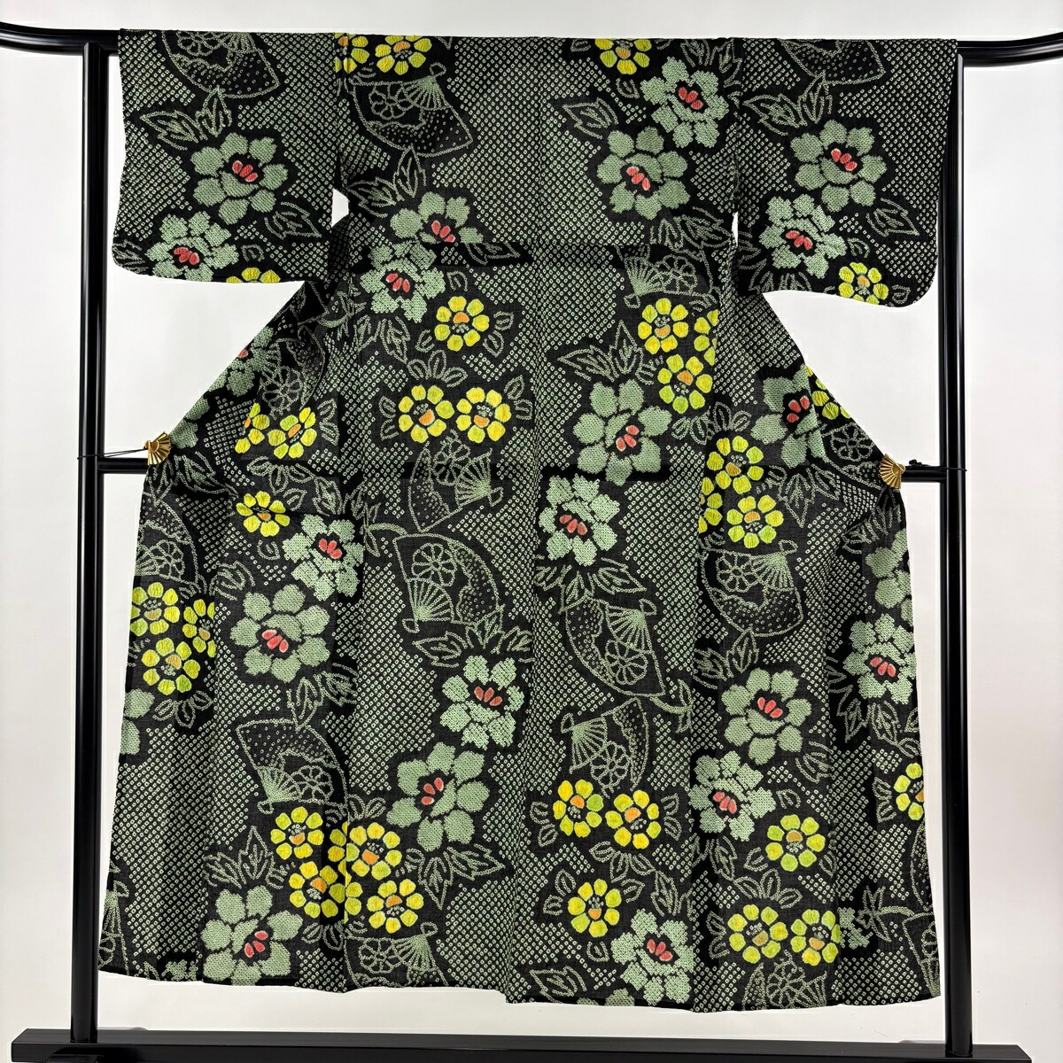 【美品】 浴衣 身丈151cm 裄丈63cm S 絞り浴衣 扇 草花 緑 綿 名品 【中古】 msp50