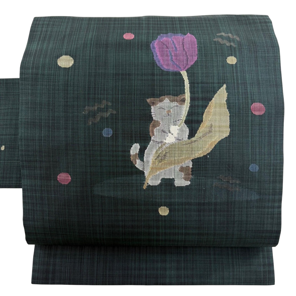【美品】 名古屋帯 逸品 猫 チューリップ 深緑 正絹 【中古】