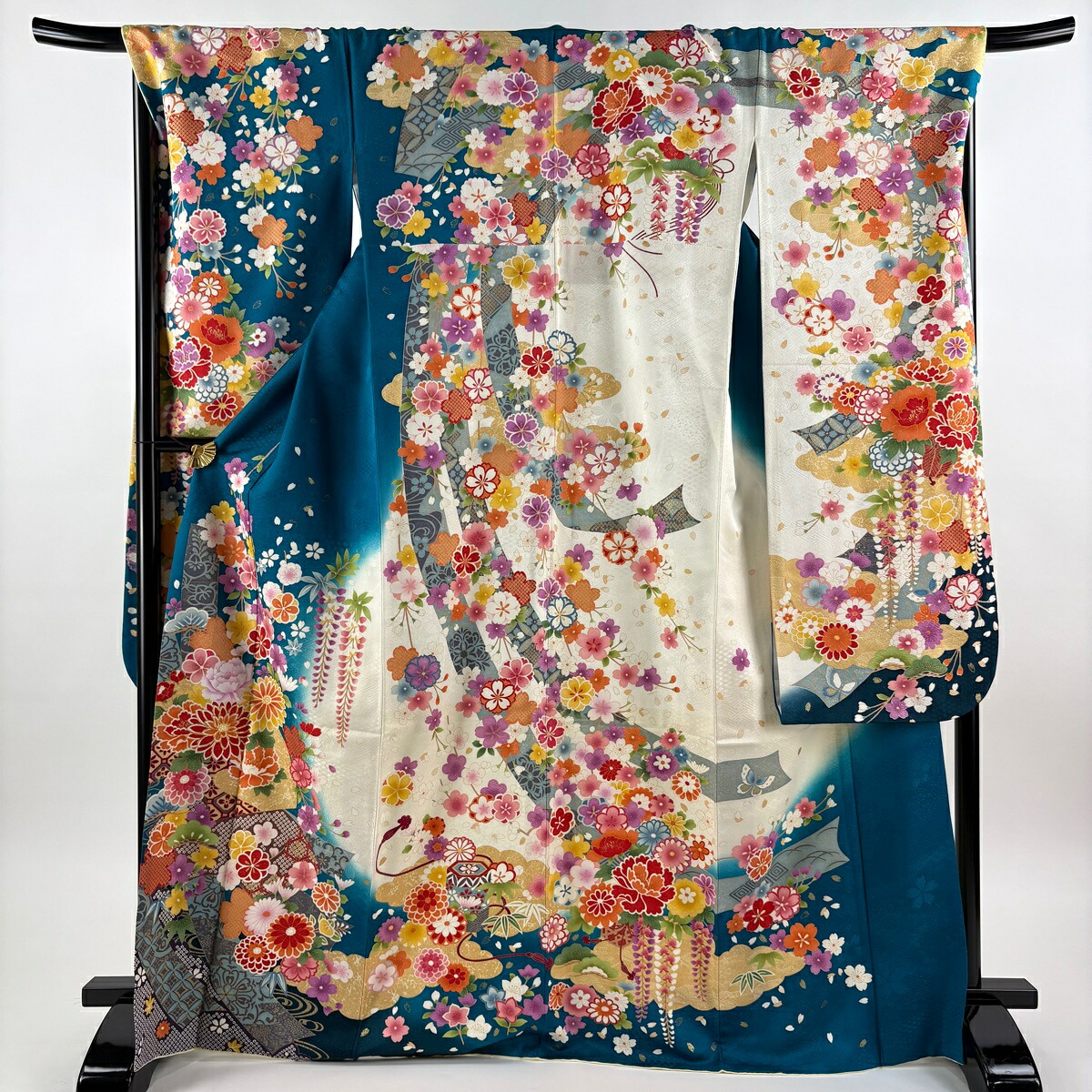 【美品】 振袖 身たけ171糎 裄丈69.5糎 L 袷 扇子 菊 銀通し 金彩 青緑 正絹 珠玉 【中古】